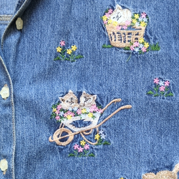 Vtg Kitty Cat Floral Garden Denim Button Down Shirt - Short Sleeve - Solutions M - Picture 6 of 13